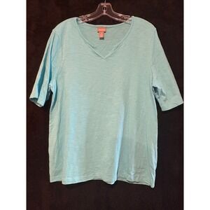Chicos Women's Size 2 Tunic Top V-Neck Short Sleeve Knit Blue Casual